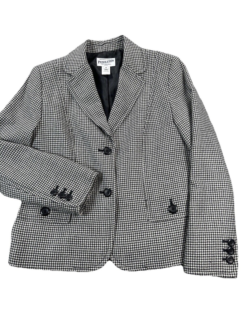 Vintage Pendleton 100% Virgin Wool Sz 10P Black Houndstooth Blazer Quiet Luxury